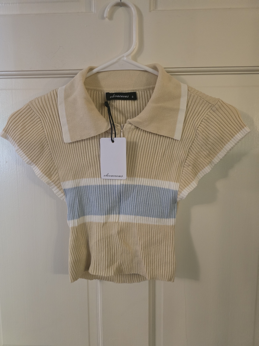 Olivaceous Womens Ribbed Knit Collared Zip Front Striped Crop Top S #279